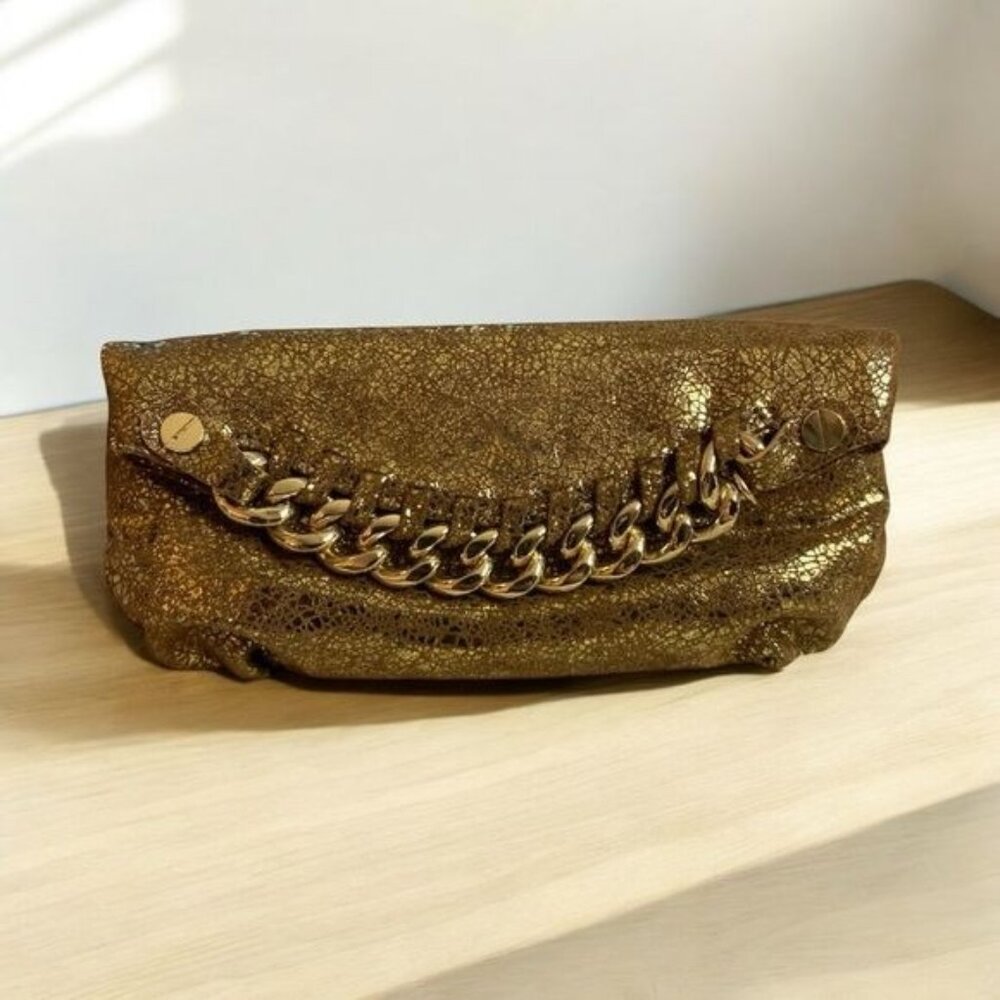 Henri Bendel Clutch Bag Chain Strap Shimmering Gold Textured Finish Brand New